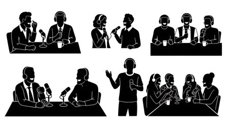 Black Solid Podcast Hosts Laughing Guests Silhouettes Set of Six on White Background isolated on plain white background.のイラスト素材