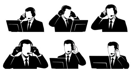 Black Solid Sports Commentators Adjusting Headsets Silhouettes Set of Six on White Background isolated on plain white background.のイラスト素材