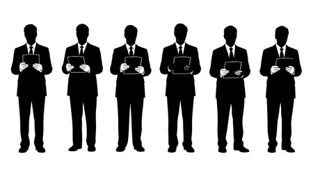 Black Solid News Anchor Clipboard Silhouettes Set of Six on White Background isolated on plain white background.のイラスト素材