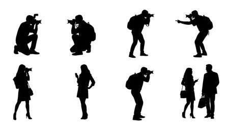 Black Solid Street Style Photographers Fashion Blogs Silhouettes Set of Six on White Background isolated on plain white background.のイラスト素材