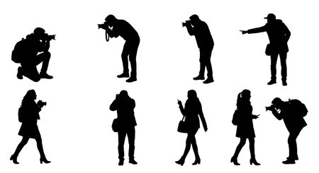 Black Solid Street Style Photographers Fashion Blogs Silhouettes Set of Six on White Background isolated on plain white background.のイラスト素材