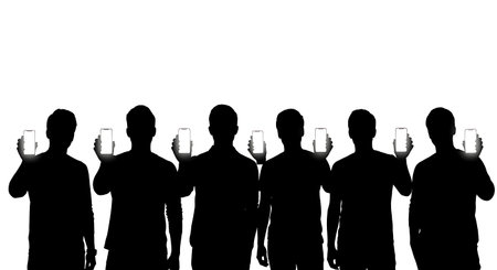 Filled Tech Reviewers Holding Smartphone Set of Six on White isolated on plain white background.
