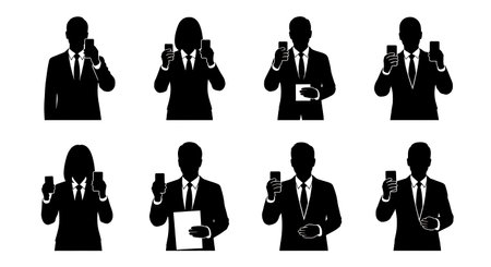 Black Solid Studio Anchor Holding Smartphone Silhouettes Set of Six on White Background isolated on plain white background.のイラスト素材
