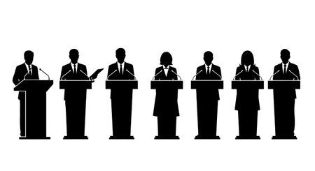Black Solid Political Correspondent Podium Silhouettes Set of Six on White Background isolated on...