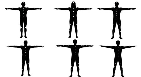 Black Solid Motion Capture Animator Silhouettes Set of Six on White Background isolated on plain...