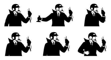 Black Solid News Helicopter Pilots Flight Levers Silhouettes Set of Six on White Background isolated on plain white background.のイラスト素材