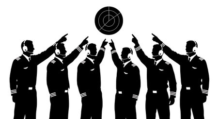 Black Solid Aviation Interpreter Radar Silhouettes Set of Six on White Background isolated on plain...