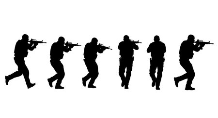 Black Solid Bodyguard Tactical Reload Running Silhouettes Set of Six on White Background isolated on...