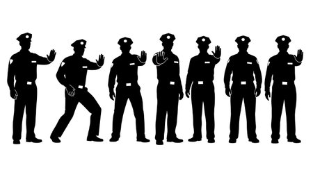 Black Solid Museum Security Stopping Patron Silhouettes Set of Six on White Background isolated on...