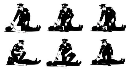 Black Solid Officer Administering Overdose Antidote Silhouettes Set of Six on White Background...
