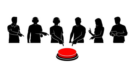 Black Solid Podcaster Pressing Button Silhouettes Set of Six on White Background isolated on plain...