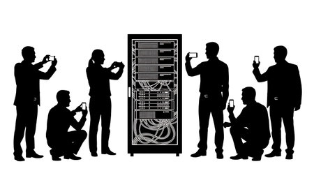 Black Solid Smartphone Photo Server Rack Silhouettes Set of Six on White Background isolated on...