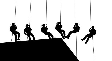 Black Solid Tactical Fast Roping Helicopter Silhouettes Set of Six on White Background isolated on...