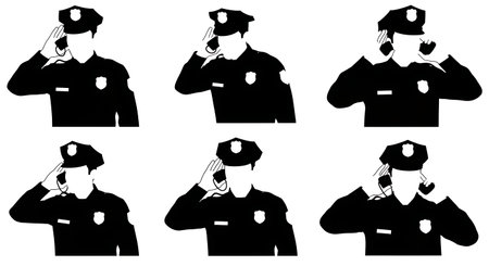 Black Solid Traffic Cop Hand Over Earpiece Silhouettes Set of Six on White Background isolated on...