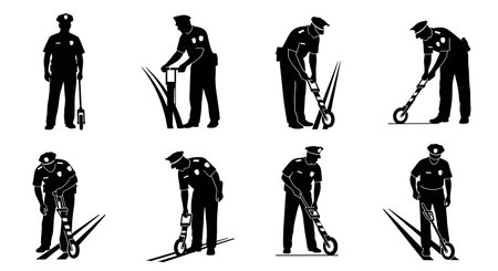 Black Solid Traffic Cop Measuring Skid Marks Silhouettes Set of Six on White Background isolated on...