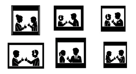Black Solid Thumbs Up Booth Interpreter Silhouettes Set of Six on White Background isolated on plain...