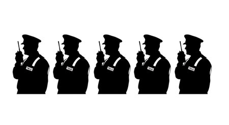 Black Solid Traffic Warden Radio Tow Truck Silhouettes Set of Six on White Background isolated on...