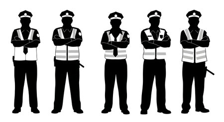 Black Solid Traffic Officer Waiting Tow Silhouettes Set of Six on White Background isolated on plain...