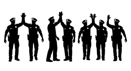 Black Solid Officer High Five Drug Bust Silhouettes Set of Six on White Background isolated on plain...