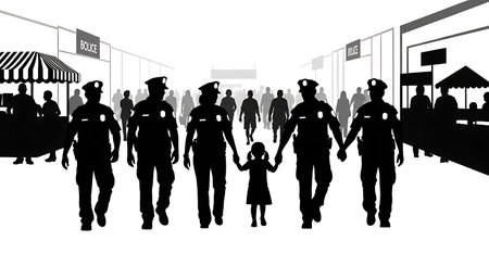 Black Solid Officer Guiding Lost Child Silhouettes Set of Six on White Background isolated on plain...