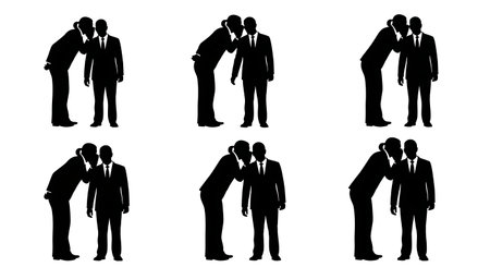 Black Solid Whispered Chuchotage Interpreter Silhouettes Set of Six on White Background isolated on plain white background.のイラスト素材