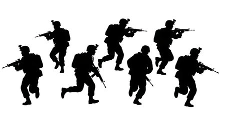 Black Solid Aggressive Sprinting Charge Silhouettes Set of Six on White Background isolated on plain white background.のイラスト素材