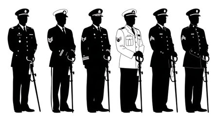 Black Solid Armed Forces Sword Point Down Silhouettes Set of Six on White Background isolated on...