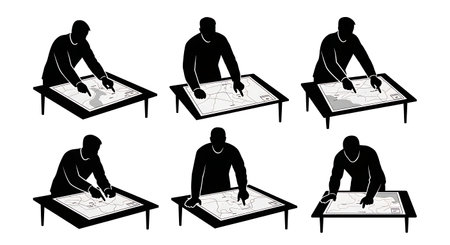 Black Solid Army Officer Pointing Tactical Map Silhouettes Set of Six on White Background isolated...