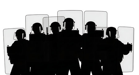 Black Solid Army Personnel Riot Shield Defensive Silhouettes Set of Six on White Background isolated...