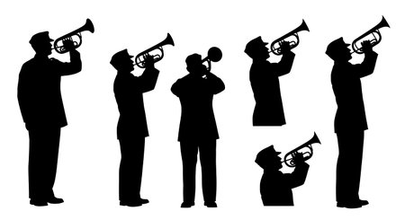 Black Solid Brass Bugle Horn Silhouettes Set of Six on White Background isolated on plain white...
