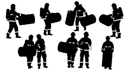 Black Solid Carrying Sealed Metal Barrels Carefully Silhouettes Set of Six on White Background isolated on plain white background.のイラスト素材