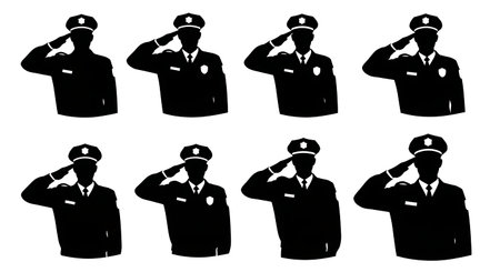 Black Solid Navy Hand Salute Silhouettes Set of Six on White Background isolated on plain white...
