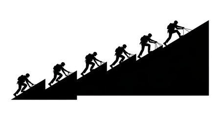 Black Solid Desert Dune Climbing Silhouettes Set of Six on White Background isolated on plain white...