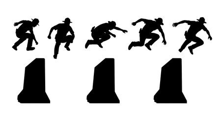 Black Solid Concrete Barrier Vaulting Silhouettes Set of Six on White Background isolated on plain...
