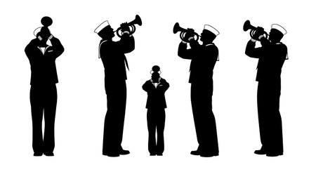 Black Solid Navy Bugle Horn Silhouettes Set of Six on White Background isolated on plain white...