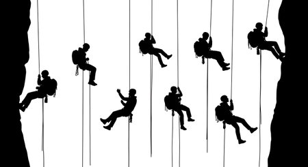Black Solid Cliff Rappelling Descent Silhouettes Set of Six on White Background isolated on plain...