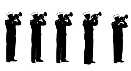 Black Solid Navy Bugle Horn Silhouettes Set of Six on White Background isolated on plain white...
