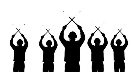 Black Solid Holding Marshalling Wands Crossed Overhead Silhouettes Set of Six on White Background isolated on plain white background.のイラスト素材