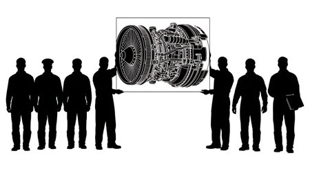 Black Solid Holding Large Schematic Blueprint Engine Silhouettes Set of Six on White Background...