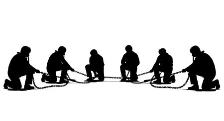 Black Solid Kneeling Tighten Tiedown Chain Tarmac Silhouettes Set of Six on White Background...