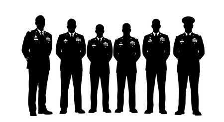 Black Solid Military Commander Parade Rest Silhouettes Set of Six on White Background isolated on...