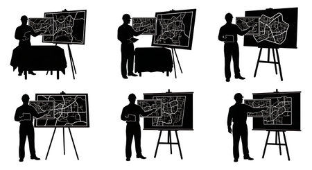 Black Solid Pointing Map Briefing Team Silhouettes Set of Six on White Background isolated on plain...