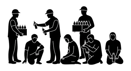 Black Solid Passing Out Water Bottles Silhouettes Set of Six on White Background isolated on plain...