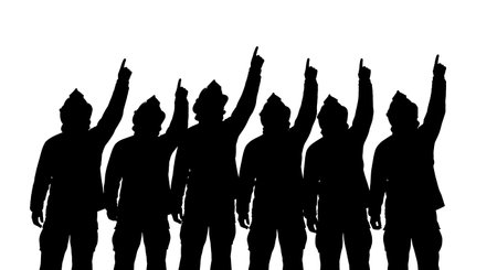 Black Solid Pointing Upward Signal Hazard Firefighter Silhouettes Set of Six on White Background...