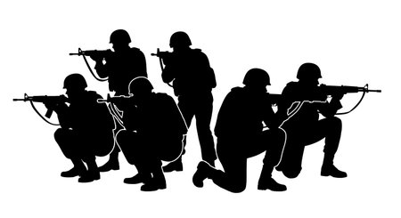 Black Solid Rifle Low Ready Posture Guard Silhouettes Set of Six on White Background isolated on...