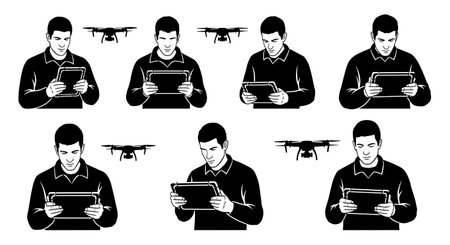 Black Solid Rugged Tablet Drone Piloting Silhouettes Set of Six on White Background isolated on...