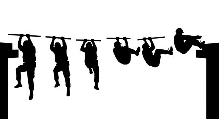 Black Solid Rooftop Ledge Climbing Silhouettes Set of Six on White Background isolated on plain...