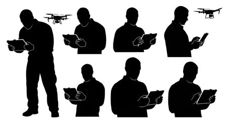 Black Solid Rugged Tablet Drone Piloting Silhouettes Set of Six on White Background isolated on...