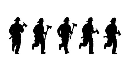 Black Solid Running Axe Grip Rush Firefighter Silhouettes Set of Six on White Background isolated on plain white background.のイラスト素材