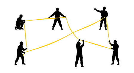 Black Solid Stringing Long Lengths Caution Tape Silhouettes Set of Six on White Background isolated...